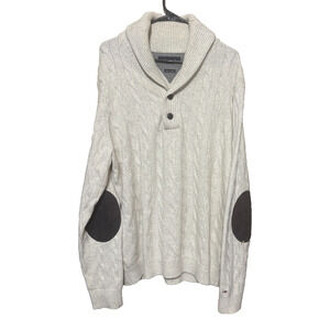 TOMMY HILFIGER Fisherman Sweater Lux Cotton Mens L Ivory shawl collar cable knit
